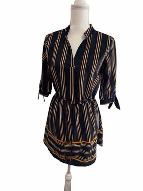 Striped Drawstring Mini Dress in Navy and Mustard
